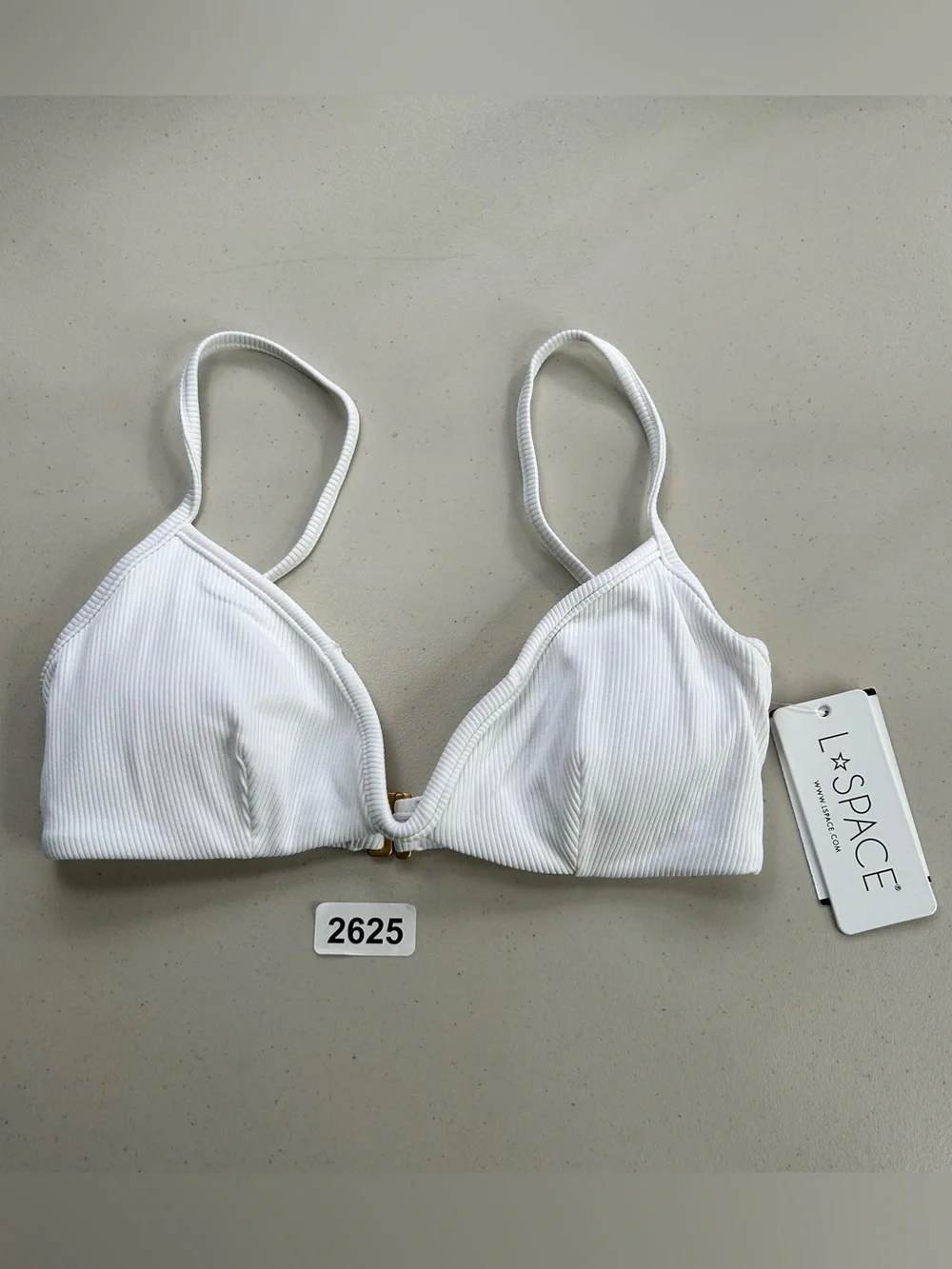 L*SPACE Helena Bikini Top XS White Ribbed Gold V Wire Swimwear Bachelorette NWT
